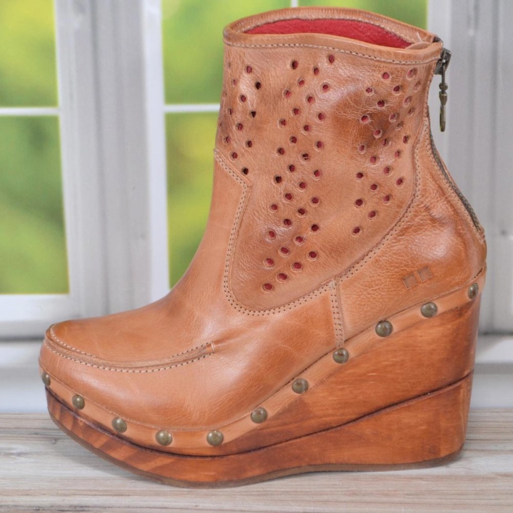 Bed Stu Tan Leather Wedge Ankle Booties with Red Lining